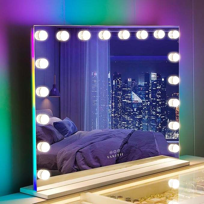 VANITII Vanity Mirror with RGB Lights 32"x23" Hollywood Makeup Mirror with 18 Dimmable Bulbs Lighted Vanity Mirror with Smart Touch for Bedroom Dressing Room