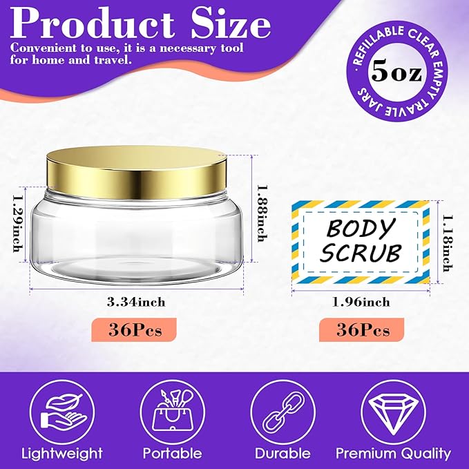 36 Pack 5 oz Plastic Cosmetic Containers With Lids Refillable Clear Empty Travle Jars Containers for Body Butter,Sugar Scrubs,Cream,Lotions,Candy, Waterproof Label&Spatulas - (Rose Gold Lid)