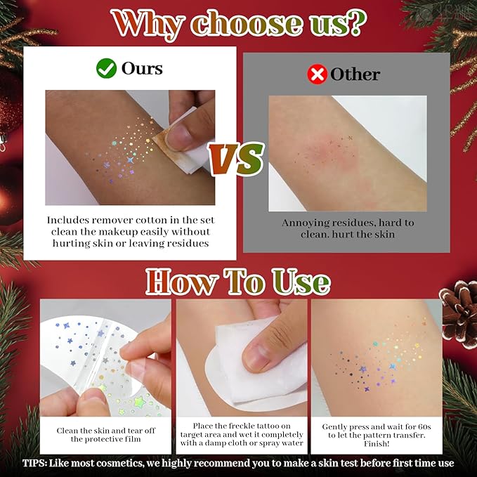 12Pcs Christmas Chameleon Glitter Freckles Face Tattoo, Holographic Multichrome Waterproof Glitter Speckles Patches, Long Lasting Temporary Tattoos Sticker Makeup for Christmas Party Makeup03