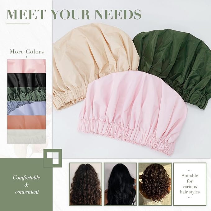 Reusable Shower Cap for Women, Large Waterproof Shower Bonnet Washable Elastic Band Bath Accessories Hair Hat for Long Hair, Braids(Black&Green)