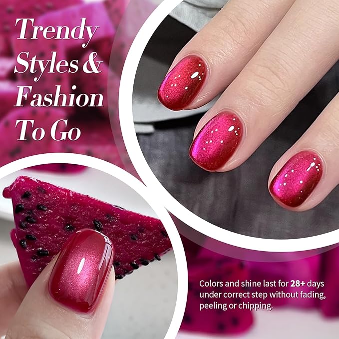 BORN PRETTY Gel Nail Polish Hot Pink Pitaya Red Color Gel Polish Ice Glass Cat Magnetic Eye Effect Holographic Glitter Shimmer Soak Off Nail Art Manicure DIY Salon and Home Sweetheart Series