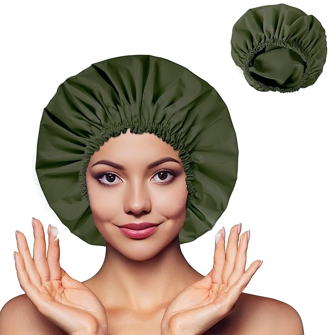 Shower Cap for Women, Double Layer Waterproof Bath Cap, Reusable Hair Protector, Large Waterproof Shower Bonnet Washable Elastic Band Bath Hair Hat for Long Hair, Braids， - Dark Green