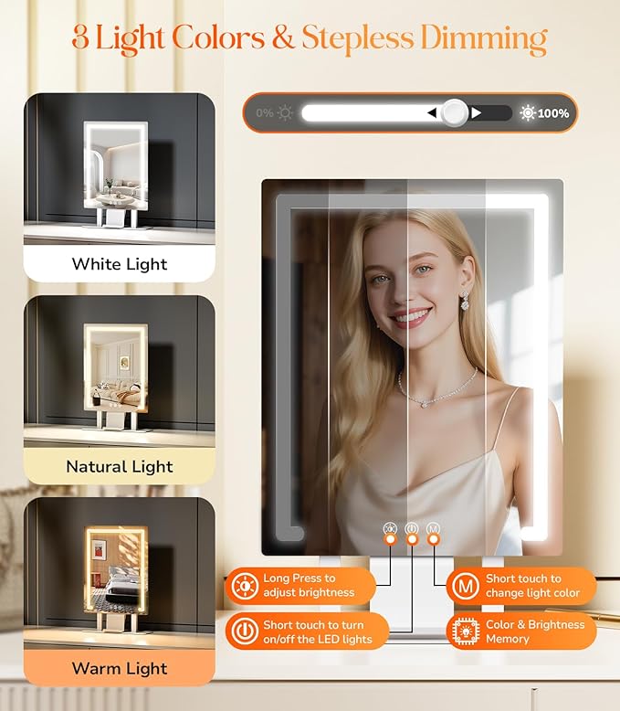 Gospire Lighted Makeup Mirror, Hollywood 4000mAh Rechargeable Vanity Mirror with 5X/10X Magnification, 3-Color Dimmable Lighting, Touch Control, Phone Holder, 11”x16.8” LED Tabletop Mirror for Bedroom