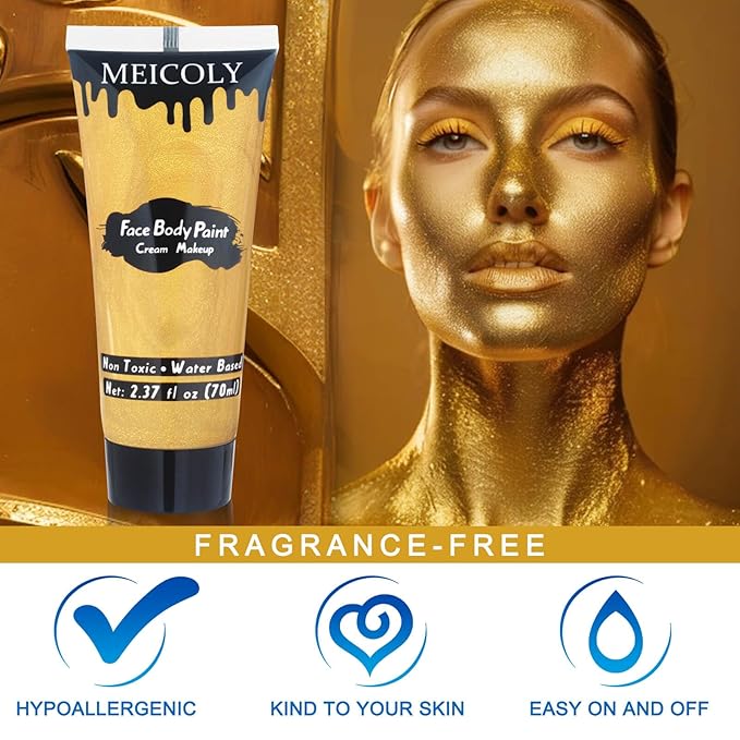 MEICOLY Cream Metallic Gold Face Body Paint,2.37Oz Large Tube Water Based Full Body Paint,Professional Gold Face Paint for Halloween Stage SFX Special Effects Cosplay Makeup