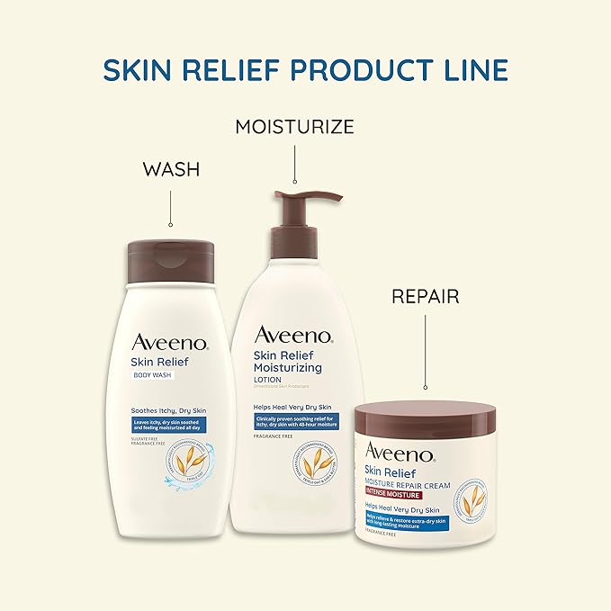 Aveeno Skin Relief Moisturizing Lotion Heals Very Dry, Sensitive Skin, Fast-Absorbing Body Lotion with Soothing Triple Oat & Shea Butter Formula, Fragrance Free, Non-Comedogenic, 18 fl. oz