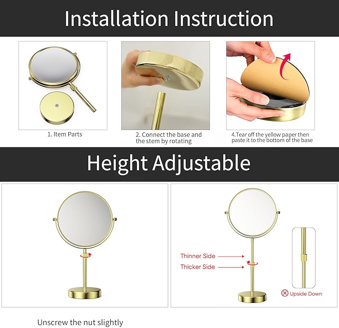 Nicesail Height Adjustable 15~19” Tall Table Mirror, 1X 10X Magnifying Mirror Double Sided for Makeup&Shaving, Desk Vanity Mirror Tabletop 360 Rotation of 8” Face, Bathroom Shiny Gold Makeup Mirror