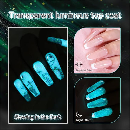 U-Shinein Glow In The Dark Gel Polish - Glitter Luminous Blue Nail Gel Top Coat with Fine glitter decoration No Wipe Long-lasting Transparent Glow UV LED Needed, Perfect for Any Festival Halloween