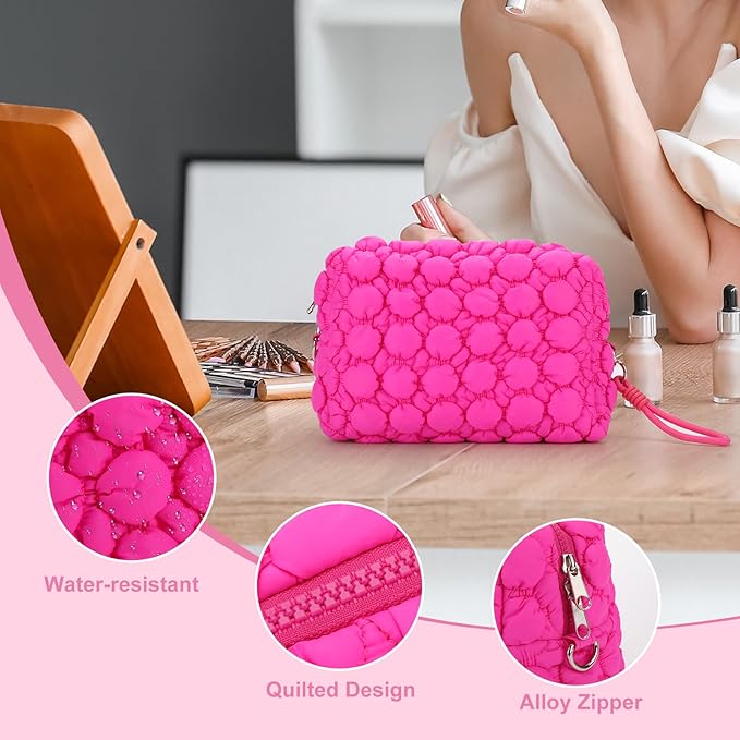 Quilted Ruffle Makeup Bag, Travel Toiletry Organizer for Women with Wrist Strap, Cute Aesthetic Cosmetic Bag for Daily, Work, Ideal Gift (HOT PINK)