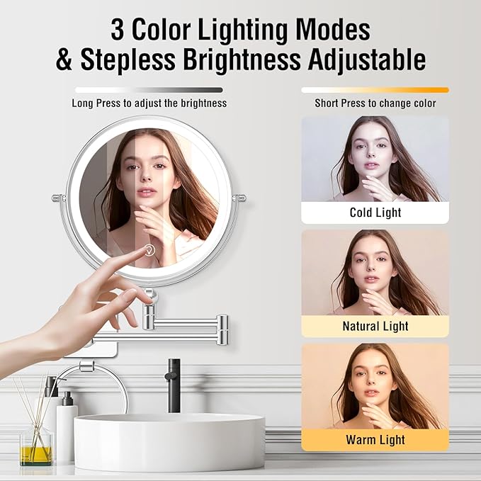 10x Large Wall Mounted Makeup Mirrror, Height Adjustable Lighted Mirror, 8" Double Sided Mirror, 1X/10X Magnifying Bathroom Mirror, 360° Rotation Adjustable, Detachable Ring, 3 Color Lights
