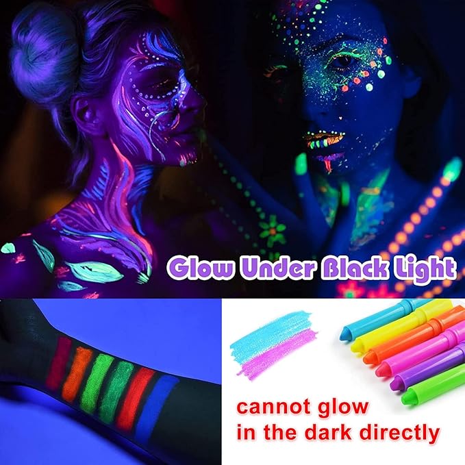 12 Pcs Glow Face Body Paint，Glow in The Dark Light UV Fluorescent Crayons Paint Sticks Makeup Neon Kit for Kids Adults Halloween Masquerade Mardi Gras Blacklight Birthday Party