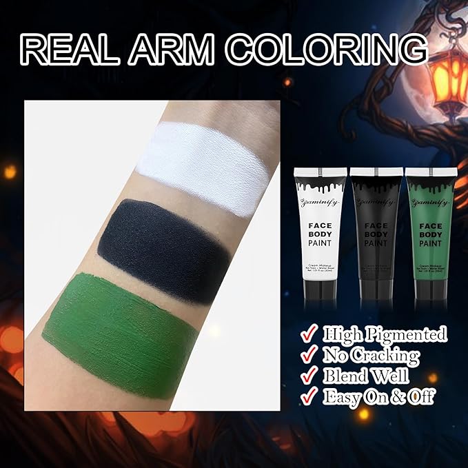 Black White Green Face Body Paint 1.01 oz/pc with 3 Sponges,Green Water Based Face Painting Cosplay Kit, Hunting Hulk Halloween SFX Witch Makeup Cream Face Paint,3 oz