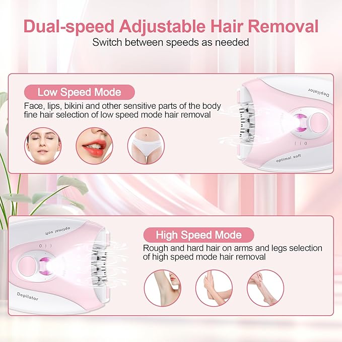 Smooth Glide Epilator for Women, Epilators Hair Removal for Face, Epilators with LED Light, 2 Speed Hair Removal Device, Pluxy Facial Hair Removal for Armpit, Arm, Leg, Bikini, Face, Body