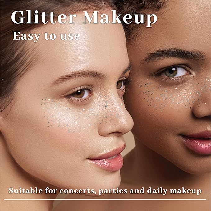 24 PCS Silver Glitter Freckle Tattoos, Glitter Freckle Face Temporary Tattoo, Glitter Face Makeup Accessories, Easy to Remove, Waterproof, 2 Designs