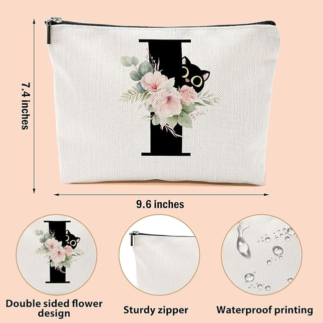 Floral Cat Initial Makeup Bag, Personalized Skin Care Bag, Travel Organizer Toiletry Bags for Women Mom Friends, Cosmetic Bags Makeup Pouch with Zipper, Letter I