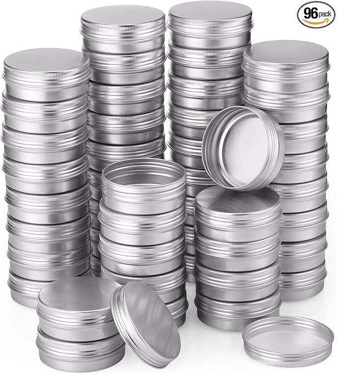 Therwen 96 Pcs Aluminum Tin Jars Containers Metal Leak Proof Cosmetic Tin Jars Containers Round Screw Lids Lip Balm Can Empty Refillable Cosmetic DIY Storage (1 x 2.7 Inch,Silver)