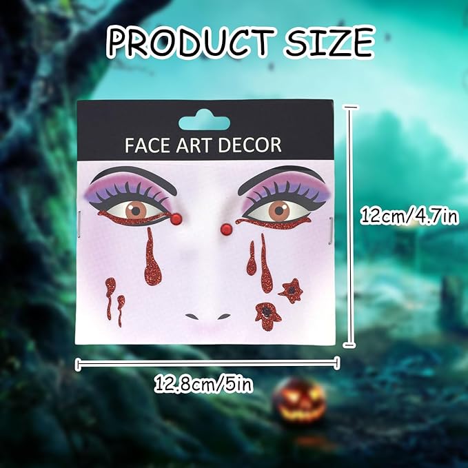 3 Pcs Halloween Face Stickers for Women, Day of the Dead Rhinestone Face Jewels Terrible Bloodstain and Spider Webs Face Gems Jewels,Glitter Face Tattoo Stickers for Halloween Rave Party Cosplay