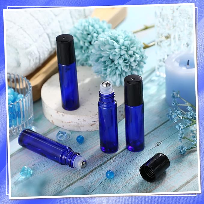 Sumind 150 Pcs Essential Oil Roller Bottles 10 ml Glass Empty Roll on Bottles with Stainless Steel Balls Leak Proof with 5 Funnel for Travel Essential Oil(Blue)