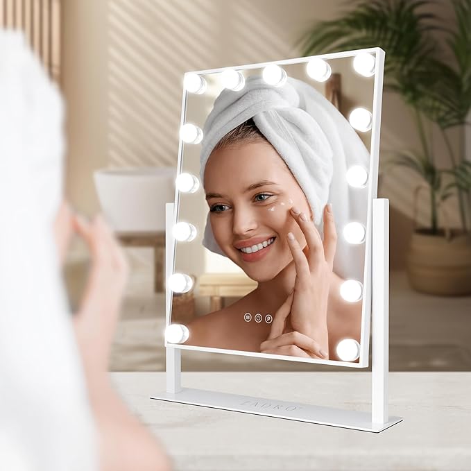 Zadro Hollywood Lighted Vanity Mirror with 15 LED Bulbs, 3 Color Light Settings, 360° Rotation Makeup Mirror Head (21" H x 18" W | 1X | Chocolate)