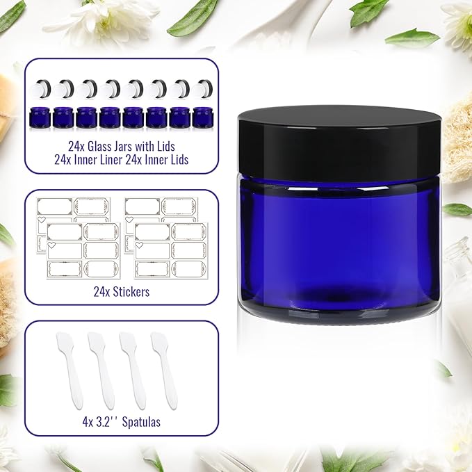 2 oz Blue Glass Jars with Lids 24Pack, Small Jars with Lids 2 oz with Inner Liners for Sample, Powder, Cream, Lotion and Ointments with Stickers & Spatulas Included