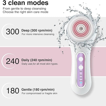 Electric Facial Cleansing Brush, 2-Way Rotating Face Scrubber with 3 Modes, Rechargeable, 5 Brush Heads, IPX7 Waterproof, Deep Pore Cleaning for All Skin Types