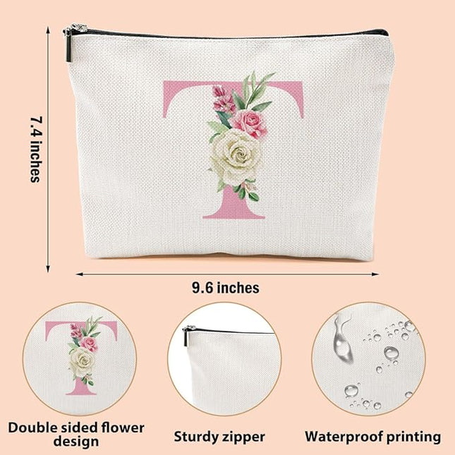 Pink Monogram Makeup Bag, Initial T, Cosmetic Bag Personalized Travel Organizer Bags Makeup Pouch, Monogrammed Gifts for Women Girls Friend Sisters Bridesmaid Wedding Bridal Shower Gifts
