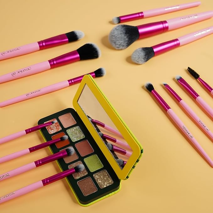 OMANIAC Makeup Brush Set Professional, 20Pcs Pearlescent Wood Handle Makeup Brushes, Premium Cruelty-Free Synthetic Fiber Hair, Travel Make up Brushes Set with Case (Rose red)