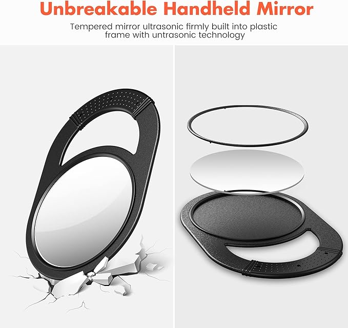 TASALON Unbreakable Hand Mirror, Hand Mirrors with Handle, Salon, Barber Mirror for Hair, Anti-Slip Hand Held with Rubber Grip for Travel, Makeup, Shaving, Shower, Camping - Black