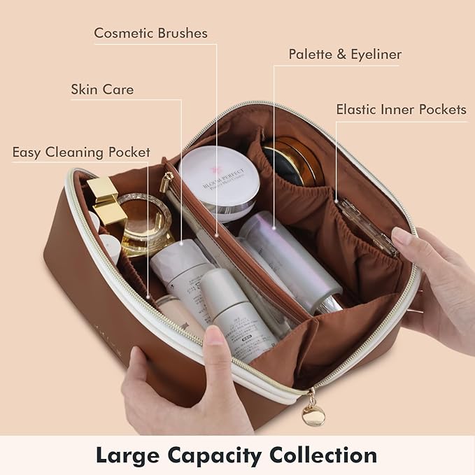 Prite Travel Cosmetic Bag Makeup Organizer Bag For Women Large Capacity Waterproof PU Leather Toiletry Bag with Handle and Clear Divider(Dark Brown)