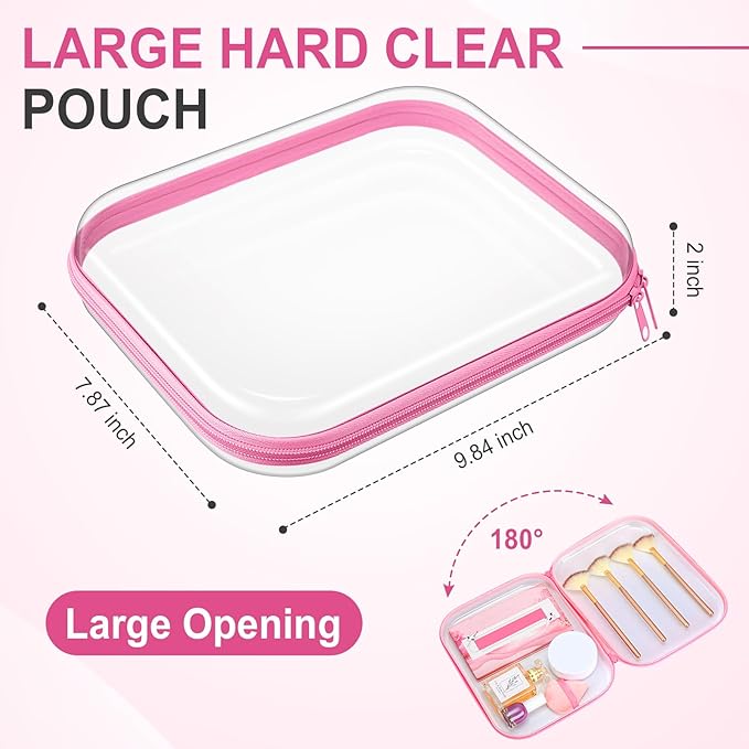 Sanwuta 6 Pcs Clear Hard Zipper Case Pencil Pouches Hard Plastic Zipper Pouches Makeup Bag Transparent Cases for Snacks Plastic Storage Organizer Box for Travel(Pink,9.84 x 7.87 x 2 Inch)