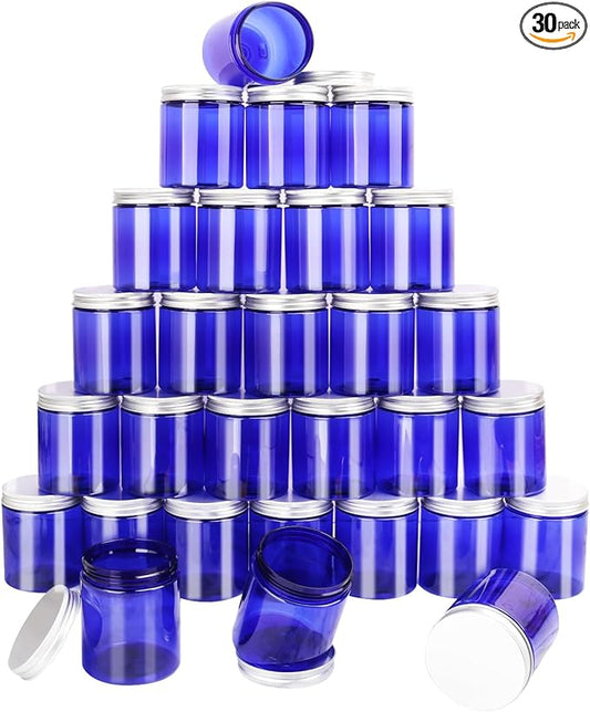 30 Packs 8 oz (250 ml) Blue Plastic Jars with Sliver Lids, Cosmetic Containers jars with Wide-Mouth for slime, beads, rhinestones, sequins Cosmetics, Lotion, Cream, Ointments and More