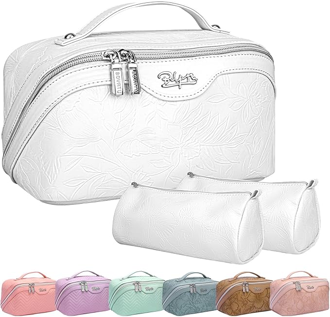 BOYATU Travel Makeup Bags Cosmetic Organizer Bag: 3-Set Large Capacity Make up Bag - PU Leather Toiletry Bags for Women - Wide Open Portable Pouch with Divider & Handle (02-White)