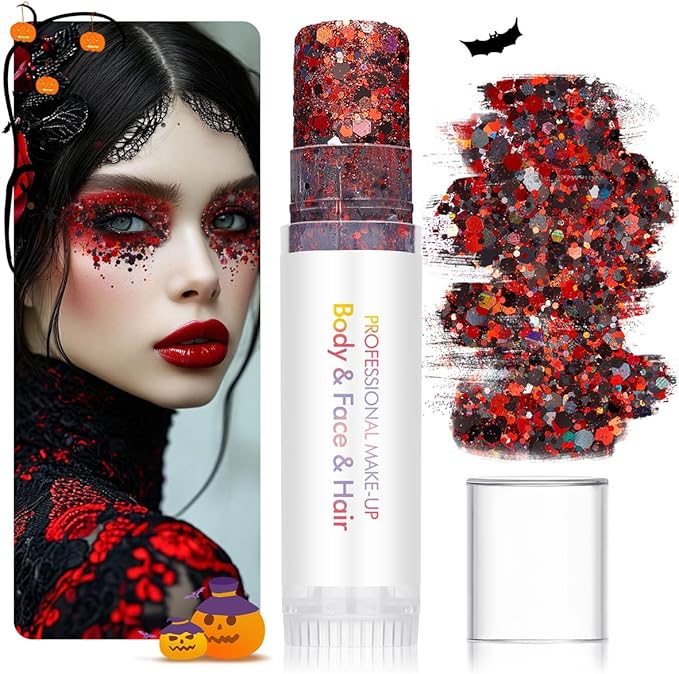 Body Glitter Stick Red Black Face Glitter Purple Gold Hair Glitter Halloween Face Paint Rave Makeup Glitter Festive Face Gems Christmas Fine Chunky Glitter Stick for Women Girls 2Pack