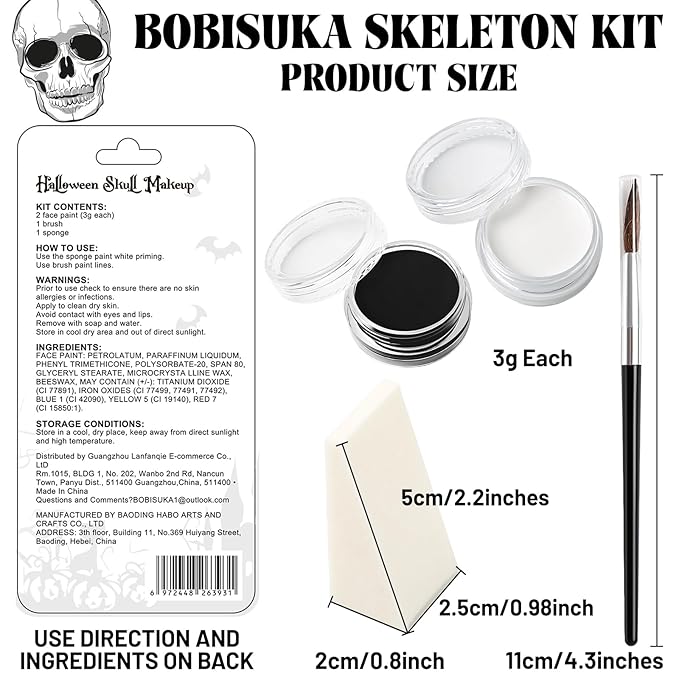 Black and White Face Paint Skeleton Makeup Kit Halloween Character Set for Kids Adults, Safe Non-Toxic Skull/Ghoul Face Painting Kit for Stage, Costume Parties, Dress Up Cosplay & Special FX Make-Up