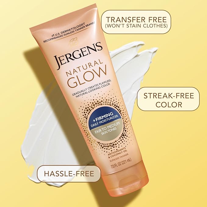 Jergens Natural Glow +Firming Self Tanner Body Lotion, Fair to Medium Skin Tone, Sunless Tanning Moisturizer with Collagen and Elastin. Helps to Visibly Reduce Cellulite, 7.5 Fl Oz (Pack of 2)