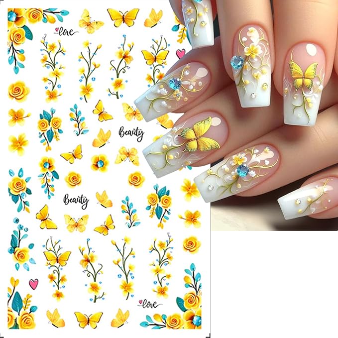 8 Sheets Butterfly Flower Nail Stickers Colorful Butterfly Nail Art Stickers 3D Self-Adhesive Floral Nail Decals for Nail Art Rose Green Leaf Cute Spring Design Nail Supplies for DIY Charms