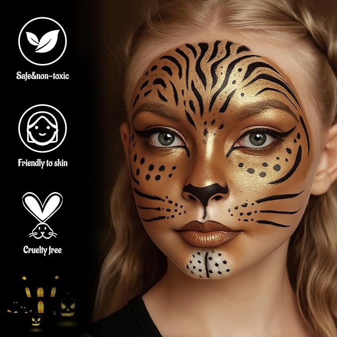 Black White Metallic Brown Face Body Paint with Applicator, Oil Based Face Painting kit for Halloween Leopard, Tiger, Cheetah, Cat Makeup, Cosplay, Costume, Theme Parties, Dress Up
