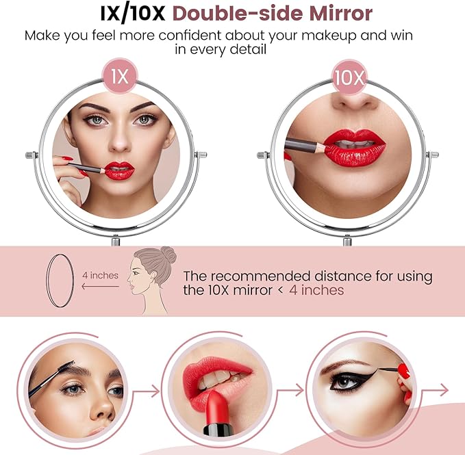 8" Makeup Mirror with Lights, Vanity Mirror with 1X/10X Magnification, Touch Screen 3 Colors Dimmable 54 LED Lights Brightness Adjustable 360° Rotation for Tabletop