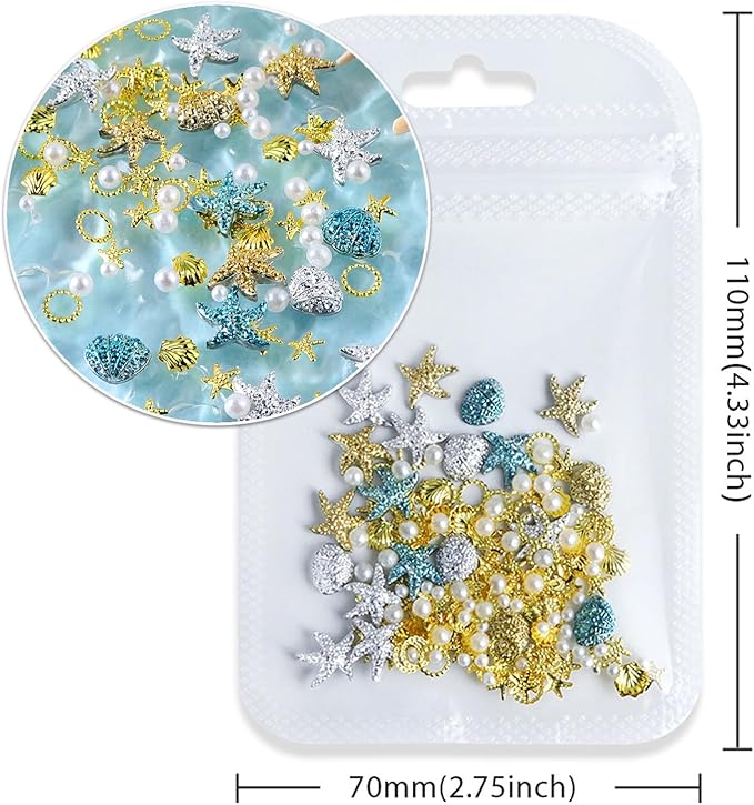 Summer Nail Art Rhinestones,Shiny Shell Starfish Nail Charms 3D Resin Nail Art Charms Metal Star Seashell Starfish Theme Summer Charms for Acrylic Nails Pearl for Women DIY Accessories Decor