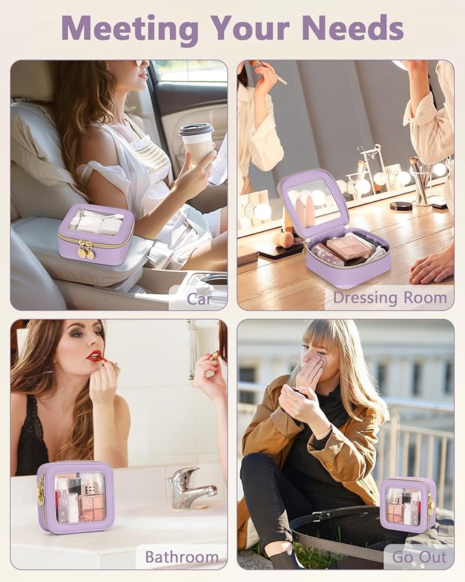 Mini Makeup Bag, Small Makeup Bag for Purse, Waterproof Clear Makeup bag, Leather Cosmetic Bag, Square Make Up Bag Pouch, Toiletry Bag for Travel, Car and Women, Purple