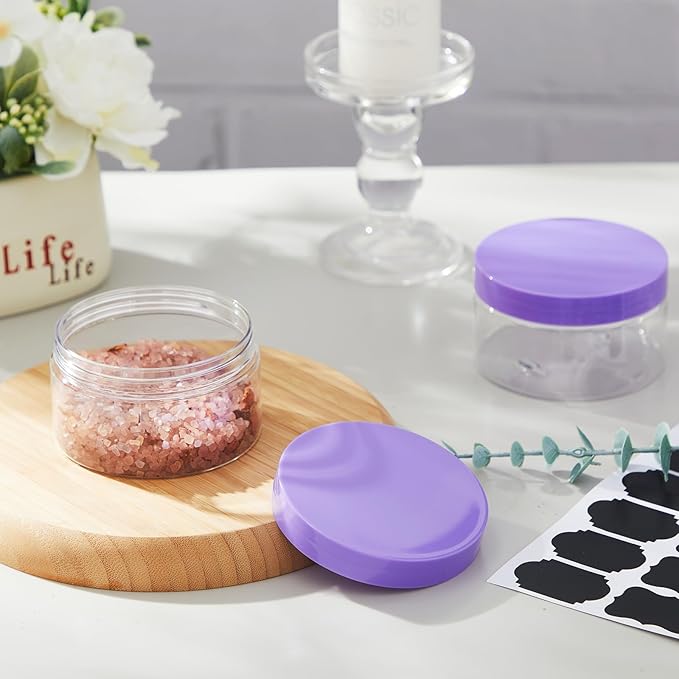 Dandat 24 Pcs 8 oz Plastic Jar Container with Lid and Label Refillable Empty Round Clear with Purple PET Cosmetic Sample Containers for Lotion, Cream, Ointments, Body Butter, Makeup, Travel Storage