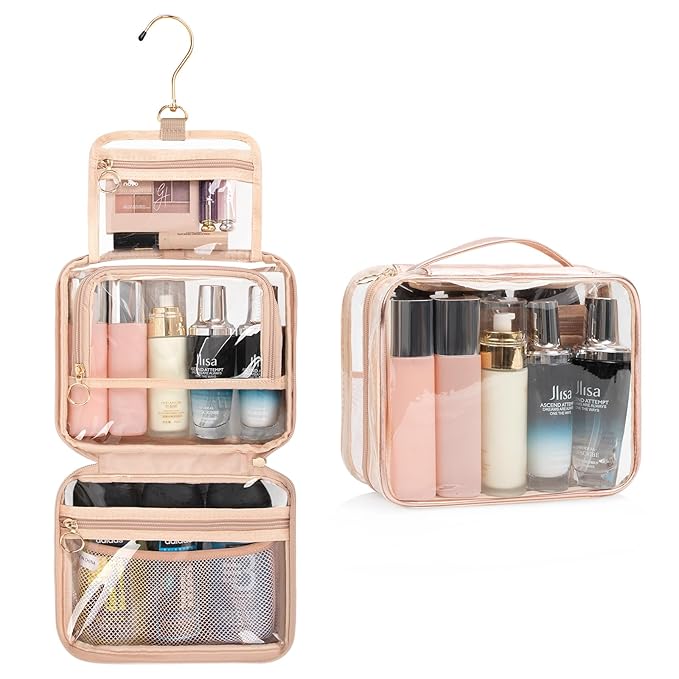 CUBETASTIC Clear Toiletry Bag for Women, Small Travel Bag with 360° Hanging Hook Clear Makeup Bags for Travelling Portable Cosmetic Organizer Case Skincare Pouch