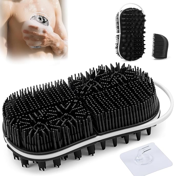 Silicone Body Scrubber Shower Bath Exfoliator 2 in 1 Scalp Massage Mens Body Wash with No-Slip Handle Lather Deep Clean Bathing Upgrade Long Lasting Bristles Loofah All Skin 1 Pack Black