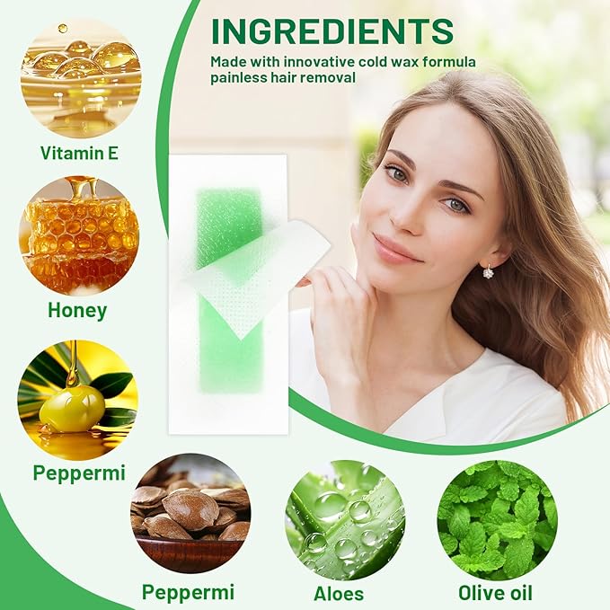 Wax Strips for Face - 98% Natural Formula for Sensitive Skin, Facial Hair Removal for Women - Gently and Quickly Removes Hair from Eyebrows, Lips, Body, Legs, and Bikini Line- Hypoallergenic