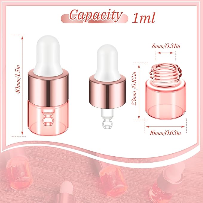 100 Pcs Mini Glass Oil Dropper Bottle Bulk, Clear Essential Small Empty Bottles Sample Containers Perfume Liquid Vials with Cap for Traveling (1 ml,Pink Body)