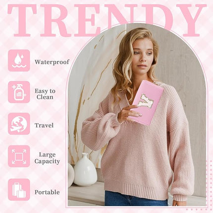 Small Personalized Initial A-Z Patch Makeup Bag,Pink Cute PU Leather Glitter Letter Cosmetic Bag for Teen Girls,Travel Toiletry Bag with Zipper,Preppy Monogrammed Birthday Gift for Daughter Niece V