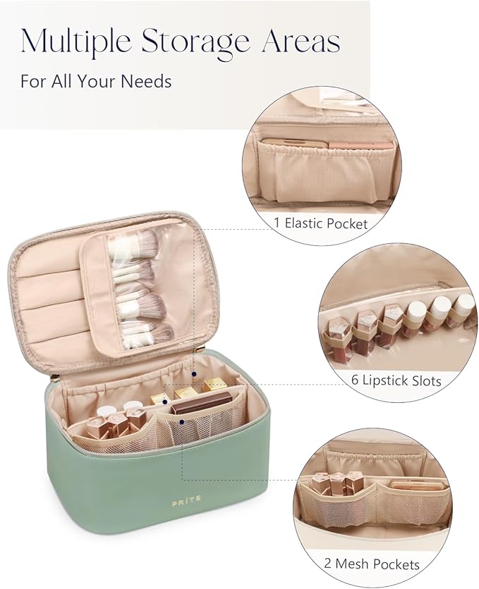 Prite Makeup Bag Portable Cosmetic Organizer with Brush Holder Waterproof Travel Toiletry Bag for Women with Handle and Divider (Green)
