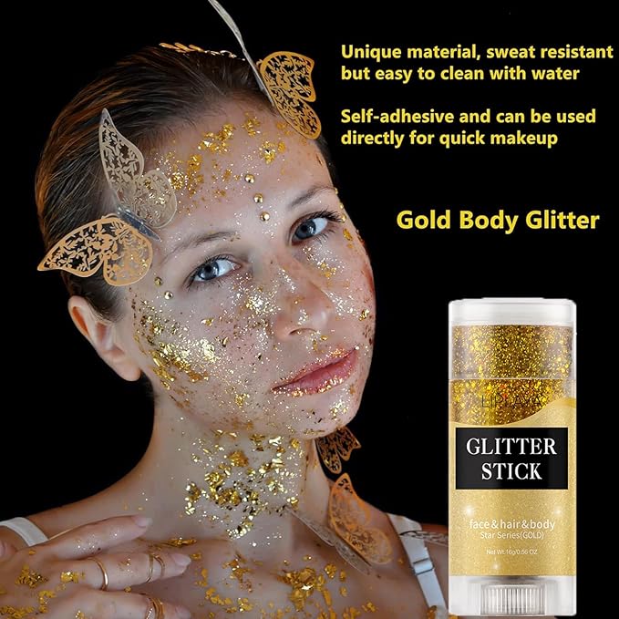Gold Face Body Glitter Stick, Rotating Mermaid Face Glitter Stick, Holographic Chunky Glitters for Face/Body/Hair/Eye/Lip