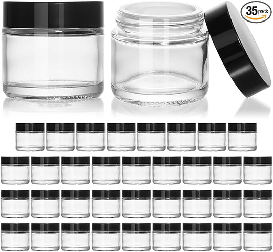 KEYWING 2oz Small Glass Jars with Black Lids, 35 Pack Clear Round Glass Cosmetic Jars with Inner Liners for Lotions, Powders and Ointments