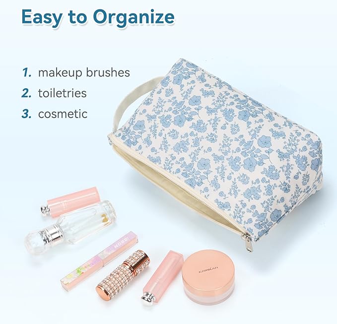 Small Makeup Bag, Travel Make Up Pouch, Floral Cosmetic Organizer Case for Women, Cute Toiletry Bag with Portable Handle