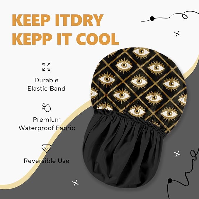 Years Calm Evil Eye Shower Caps for Women Reusable Waterproof, Pattern and Solid Color Dual-Layer Design, Hair Cap for Shower with Elastic Band, Fits Braids, Dreadlocks & Long Hair (Black)